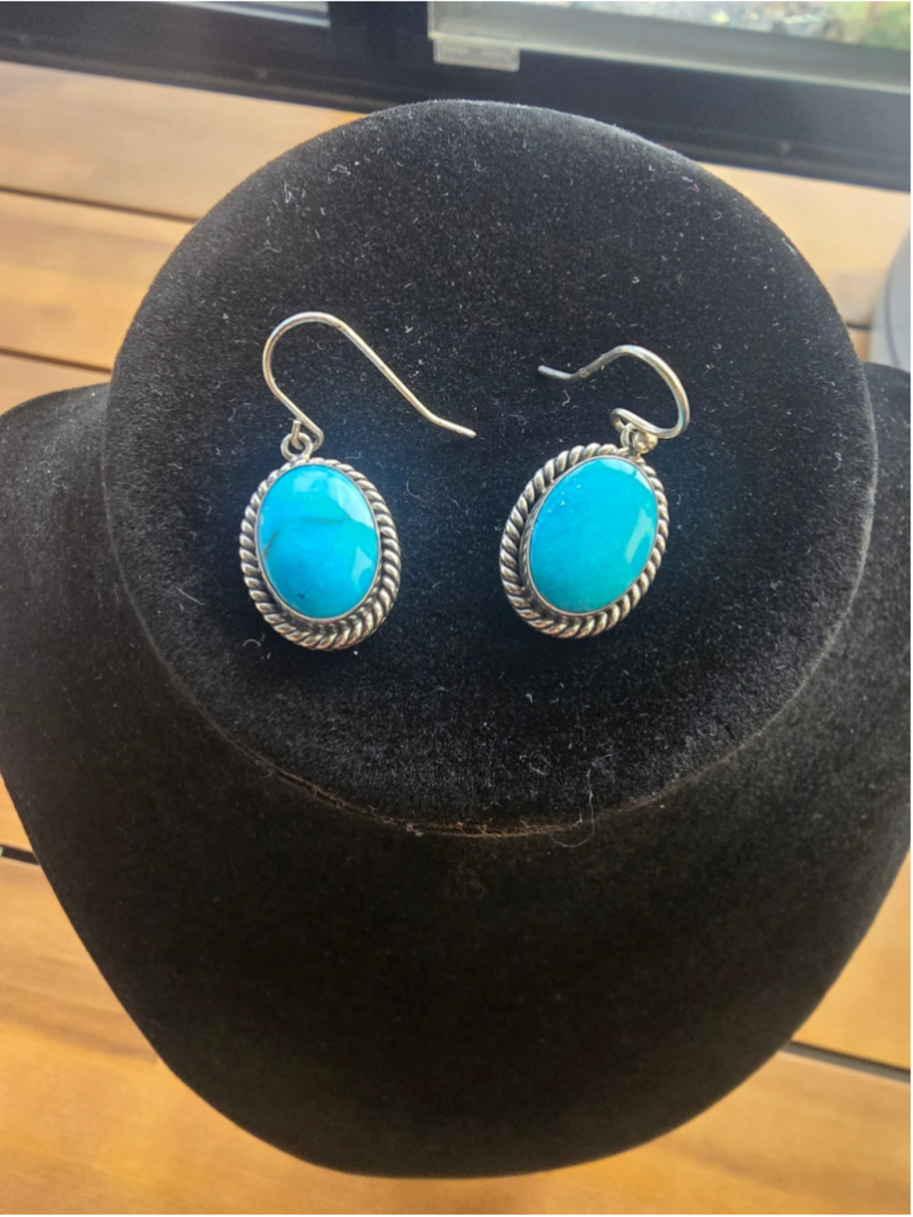 RJD 925 Sterling Silver Genuine Turquoise Southwest Oval Rope Dangle Earrings